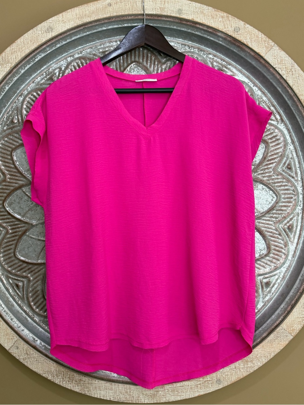 New- JODIFL Fuchsia V-Neck Crinkle Texture Short Sleeve Oversized Blouse